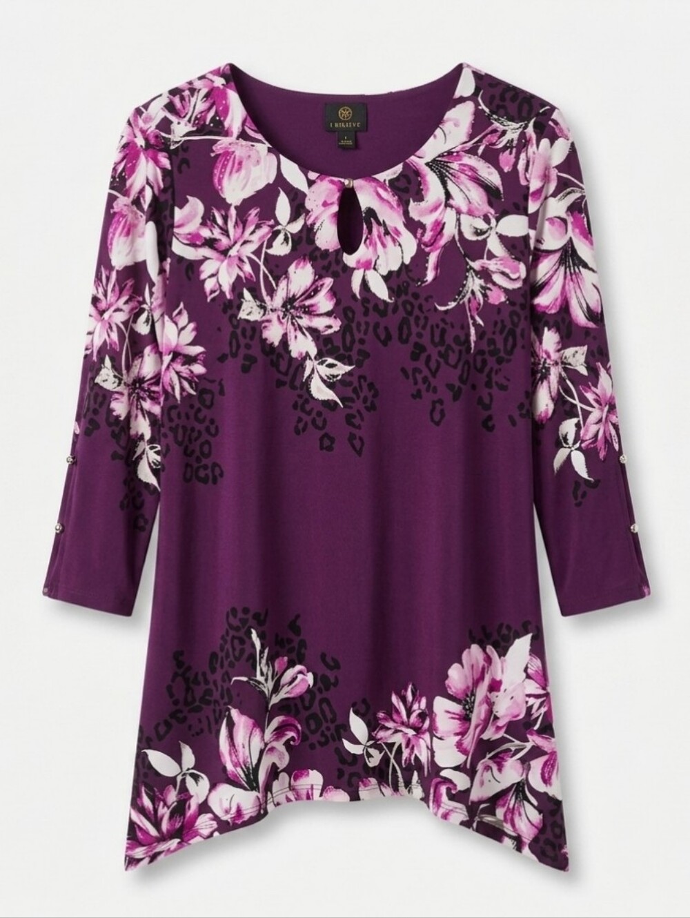JM Collection Women's Purple Floral Keyhole Tunic Top 3/4 Sleeves - Picture 6 of 10